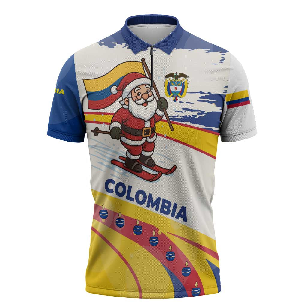 Colombia Christmas Zipper Polo Shirt with Santa Skiing Colombian Flag and Holiday Ornament - Wonder Print Shop