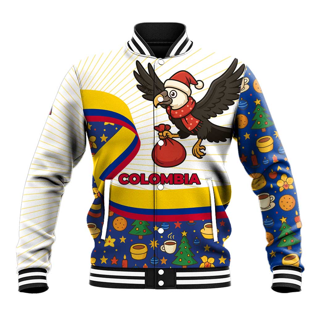Colombia Christmas Baseball Jacket with Santa Condor Gift Bag and Holiday Food Pattern - Wonder Print Shop