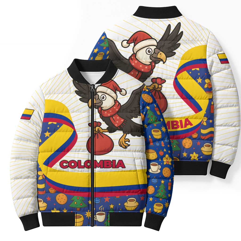 Colombia Christmas Bomber Puffer Jacket with Santa Condor Gift Bag and Holiday Food Pattern - Wonder Print Shop