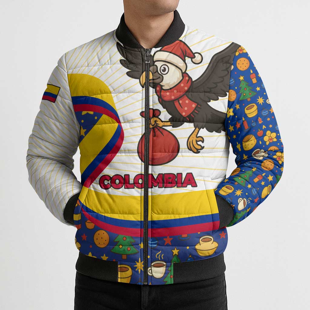 Colombia Christmas Bomber Puffer Jacket with Santa Condor Gift Bag and Holiday Food Pattern - Wonder Print Shop