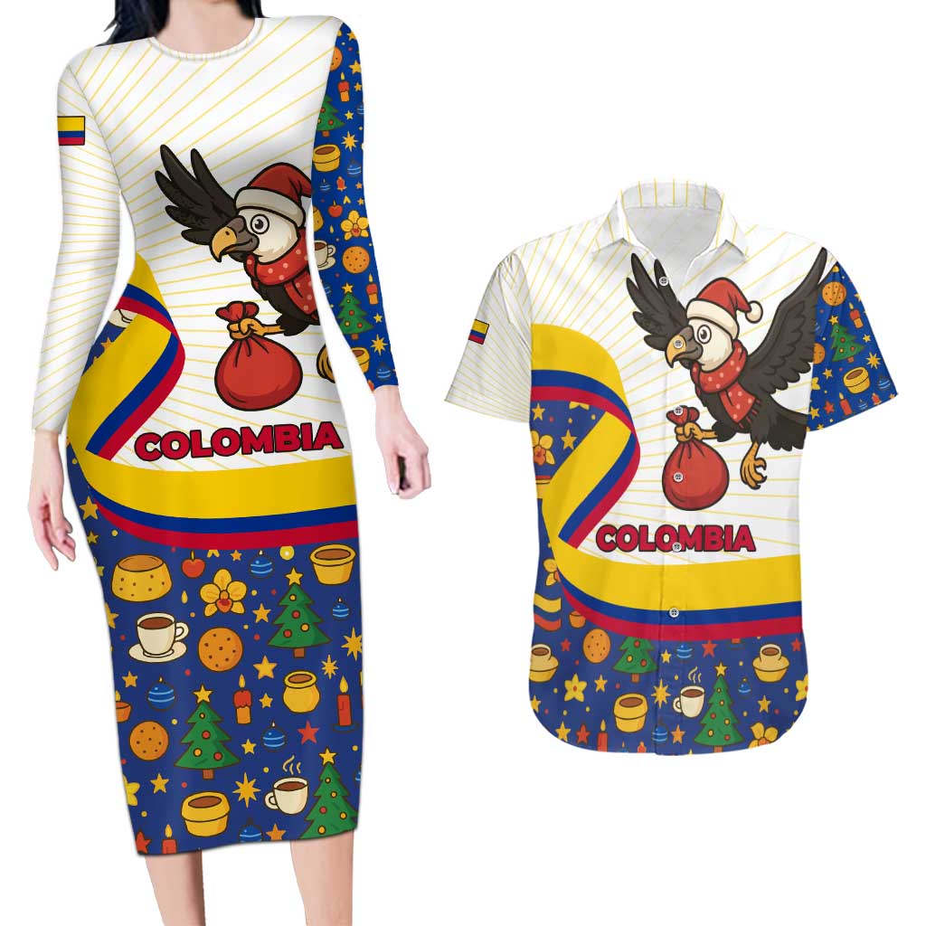 Colombia Christmas Couples Matching Long Sleeve Bodycon Dress and Hawaiian Shirt with Santa Condor Gift Bag and Holiday Food Pattern - Wonder Print Shop