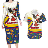 Colombia Christmas Couples Matching Long Sleeve Bodycon Dress and Hawaiian Shirt with Santa Condor Gift Bag and Holiday Food Pattern - Wonder Print Shop
