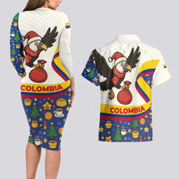 Colombia Christmas Couples Matching Long Sleeve Bodycon Dress and Hawaiian Shirt with Santa Condor Gift Bag and Holiday Food Pattern - Wonder Print Shop