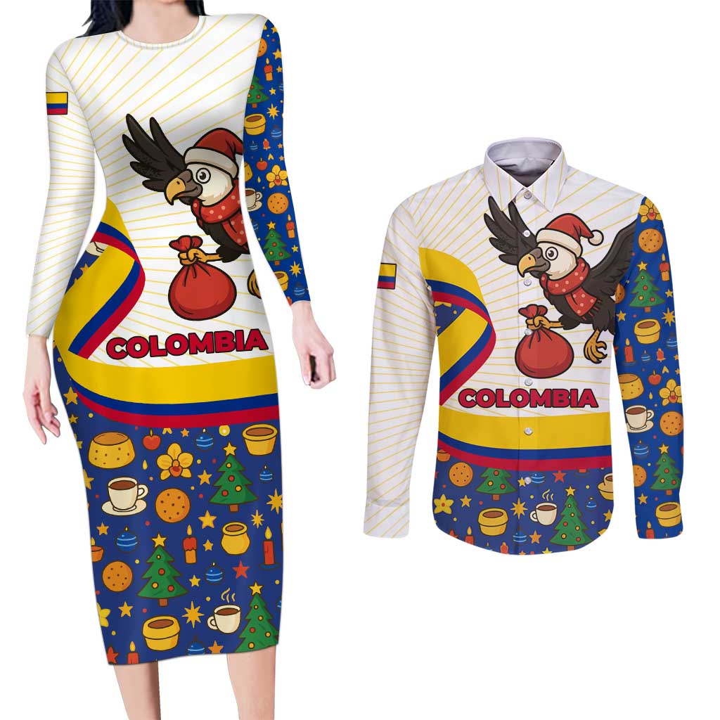 Colombia Christmas Couples Matching Long Sleeve Bodycon Dress and Long Sleeve Button Shirt with Santa Condor Gift Bag and Holiday Food Pattern - Wonder Print Shop