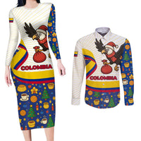 Colombia Christmas Couples Matching Long Sleeve Bodycon Dress and Long Sleeve Button Shirt with Santa Condor Gift Bag and Holiday Food Pattern - Wonder Print Shop
