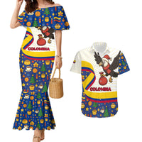 Colombia Christmas Couples Matching Mermaid Dress and Hawaiian Shirt with Santa Condor Gift Bag and Holiday Food Pattern - Wonder Print Shop