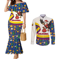 Colombia Christmas Couples Matching Mermaid Dress and Long Sleeve Button Shirt with Santa Condor Gift Bag and Holiday Food Pattern - Wonder Print Shop