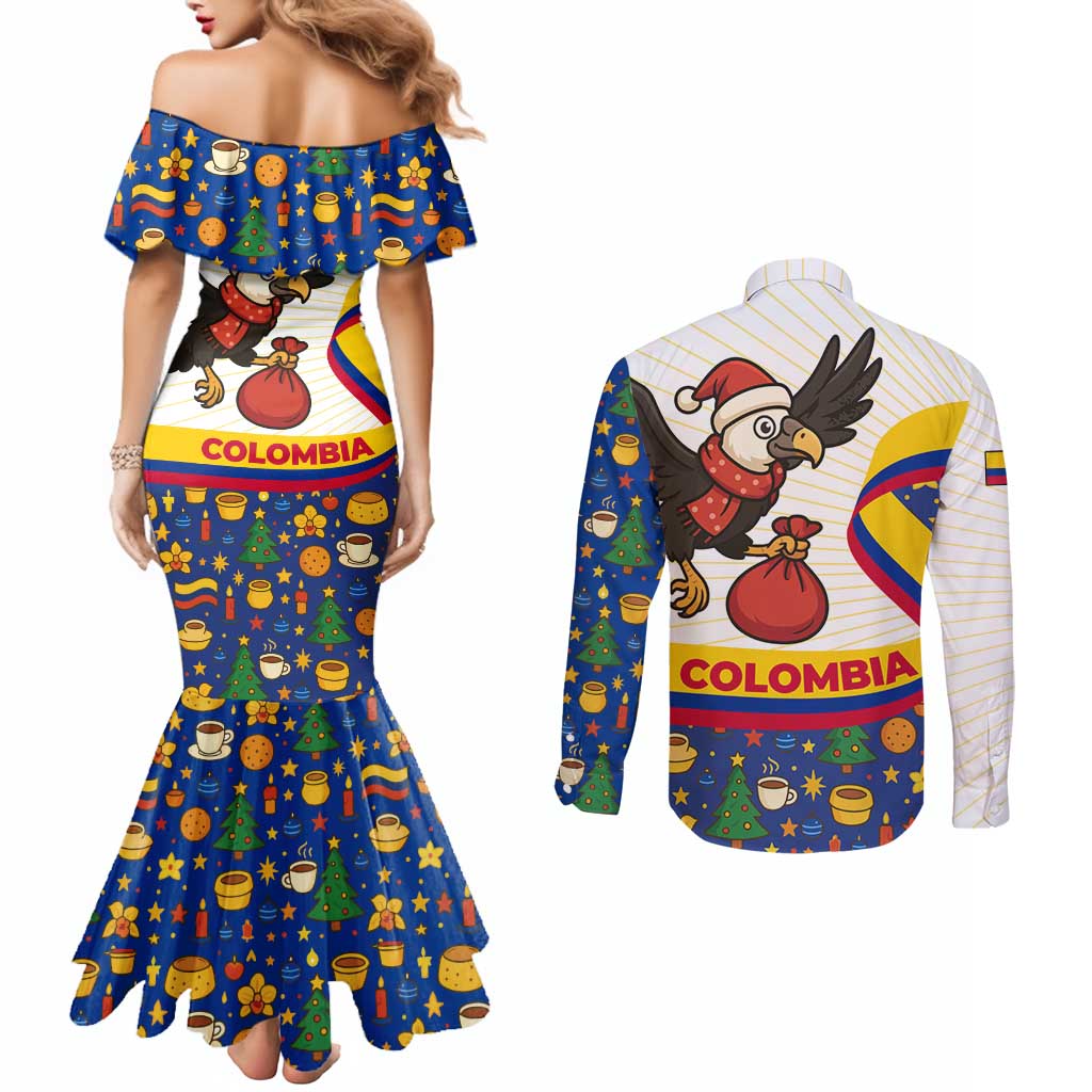 Colombia Christmas Couples Matching Mermaid Dress and Long Sleeve Button Shirt with Santa Condor Gift Bag and Holiday Food Pattern - Wonder Print Shop