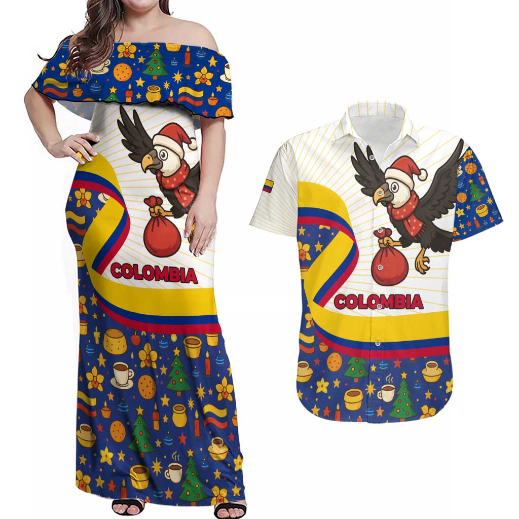 Colombia Christmas Couples Matching Off Shoulder Maxi Dress and Hawaiian Shirt with Santa Condor Gift Bag and Holiday Food Pattern - Wonder Print Shop