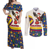 Colombia Christmas Couples Matching Off Shoulder Maxi Dress and Long Sleeve Button Shirt with Santa Condor Gift Bag and Holiday Food Pattern - Wonder Print Shop