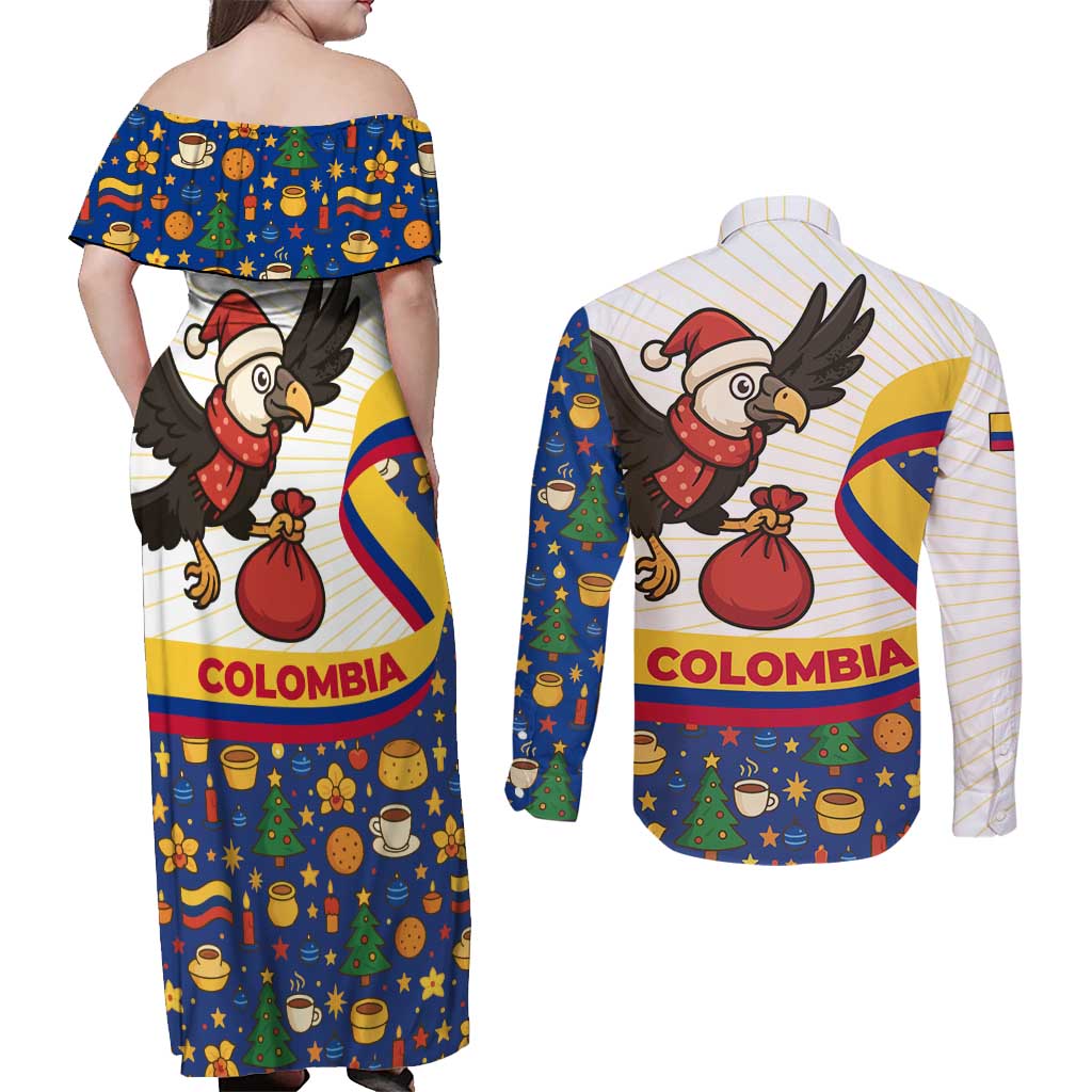 Colombia Christmas Couples Matching Off Shoulder Maxi Dress and Long Sleeve Button Shirt with Santa Condor Gift Bag and Holiday Food Pattern - Wonder Print Shop
