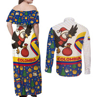 Colombia Christmas Couples Matching Off Shoulder Maxi Dress and Long Sleeve Button Shirt with Santa Condor Gift Bag and Holiday Food Pattern - Wonder Print Shop