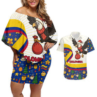 Colombia Christmas Couples Matching Off Shoulder Short Dress and Hawaiian Shirt with Santa Condor Gift Bag and Holiday Food Pattern - Wonder Print Shop