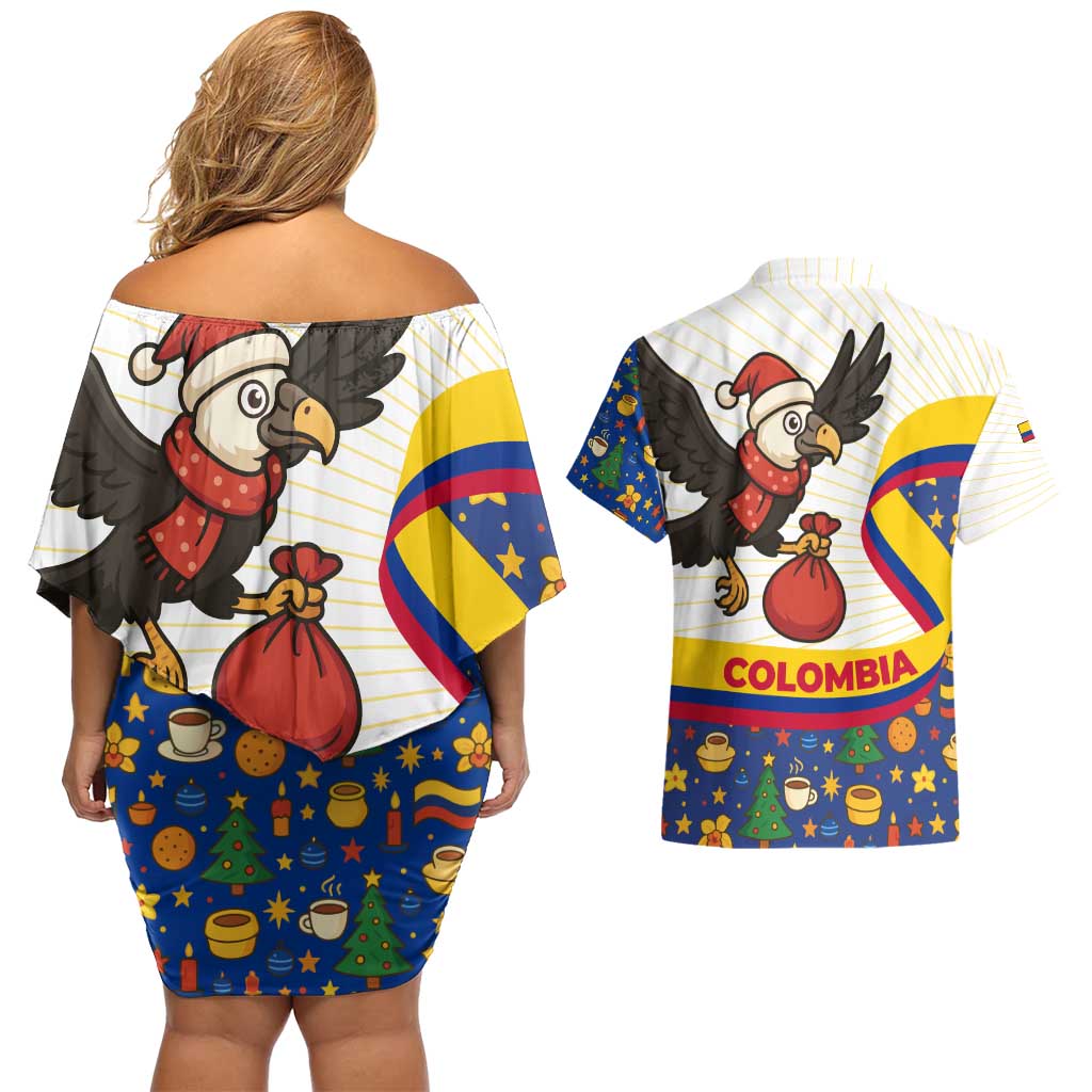 Colombia Christmas Couples Matching Off Shoulder Short Dress and Hawaiian Shirt with Santa Condor Gift Bag and Holiday Food Pattern - Wonder Print Shop