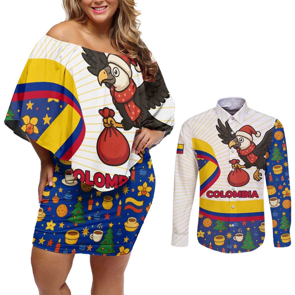 Colombia Christmas Couples Matching Off Shoulder Short Dress and Long Sleeve Button Shirt with Santa Condor Gift Bag and Holiday Food Pattern - Wonder Print Shop
