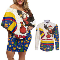 Colombia Christmas Couples Matching Off Shoulder Short Dress and Long Sleeve Button Shirt with Santa Condor Gift Bag and Holiday Food Pattern - Wonder Print Shop