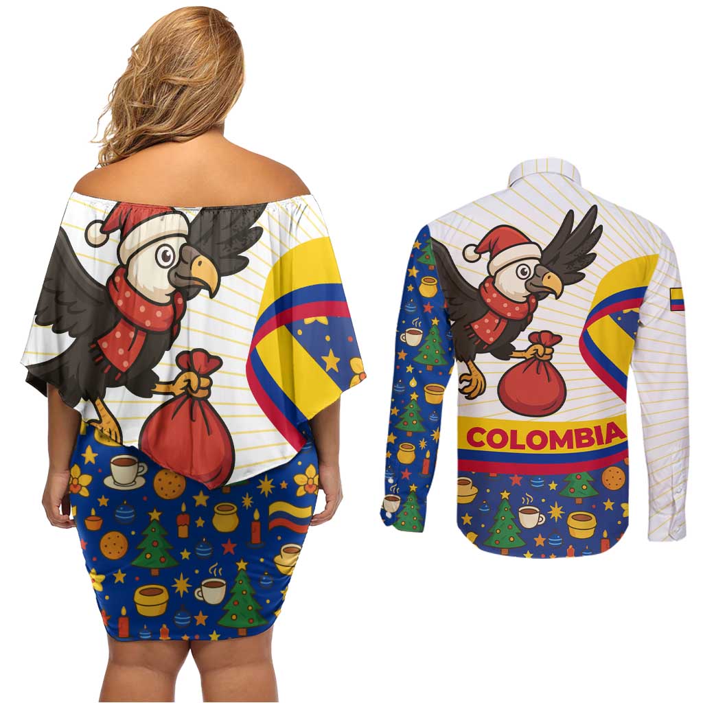 Colombia Christmas Couples Matching Off Shoulder Short Dress and Long Sleeve Button Shirt with Santa Condor Gift Bag and Holiday Food Pattern - Wonder Print Shop
