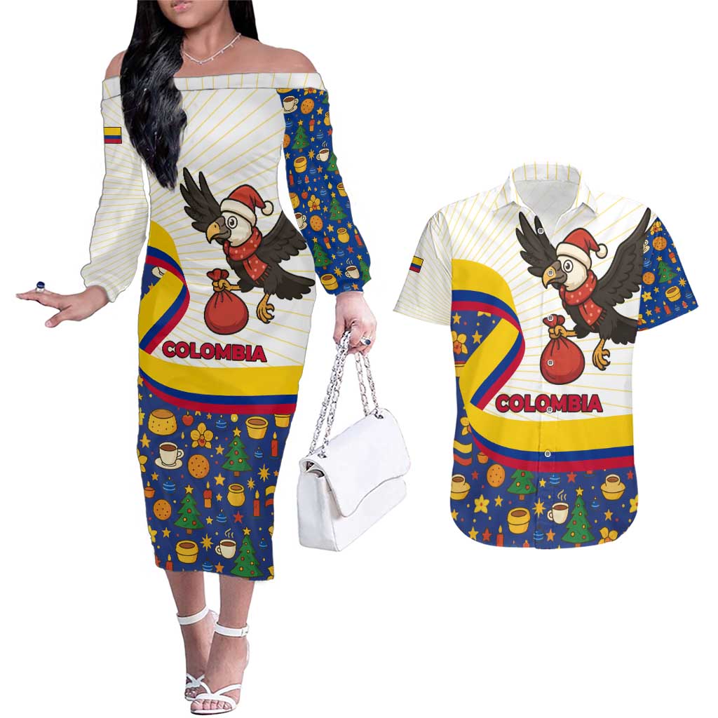 Colombia Christmas Couples Matching Off The Shoulder Long Sleeve Dress and Hawaiian Shirt with Santa Condor Gift Bag and Holiday Food Pattern - Wonder Print Shop