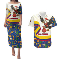 Colombia Christmas Couples Matching Puletasi and Hawaiian Shirt with Santa Condor Gift Bag and Holiday Food Pattern - Wonder Print Shop