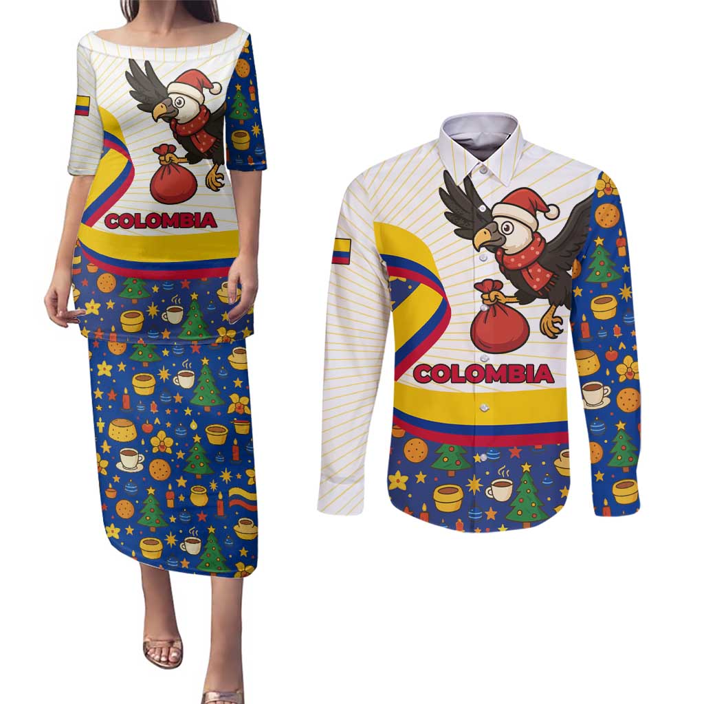 Colombia Christmas Couples Matching Puletasi and Long Sleeve Button Shirt with Santa Condor Gift Bag and Holiday Food Pattern - Wonder Print Shop