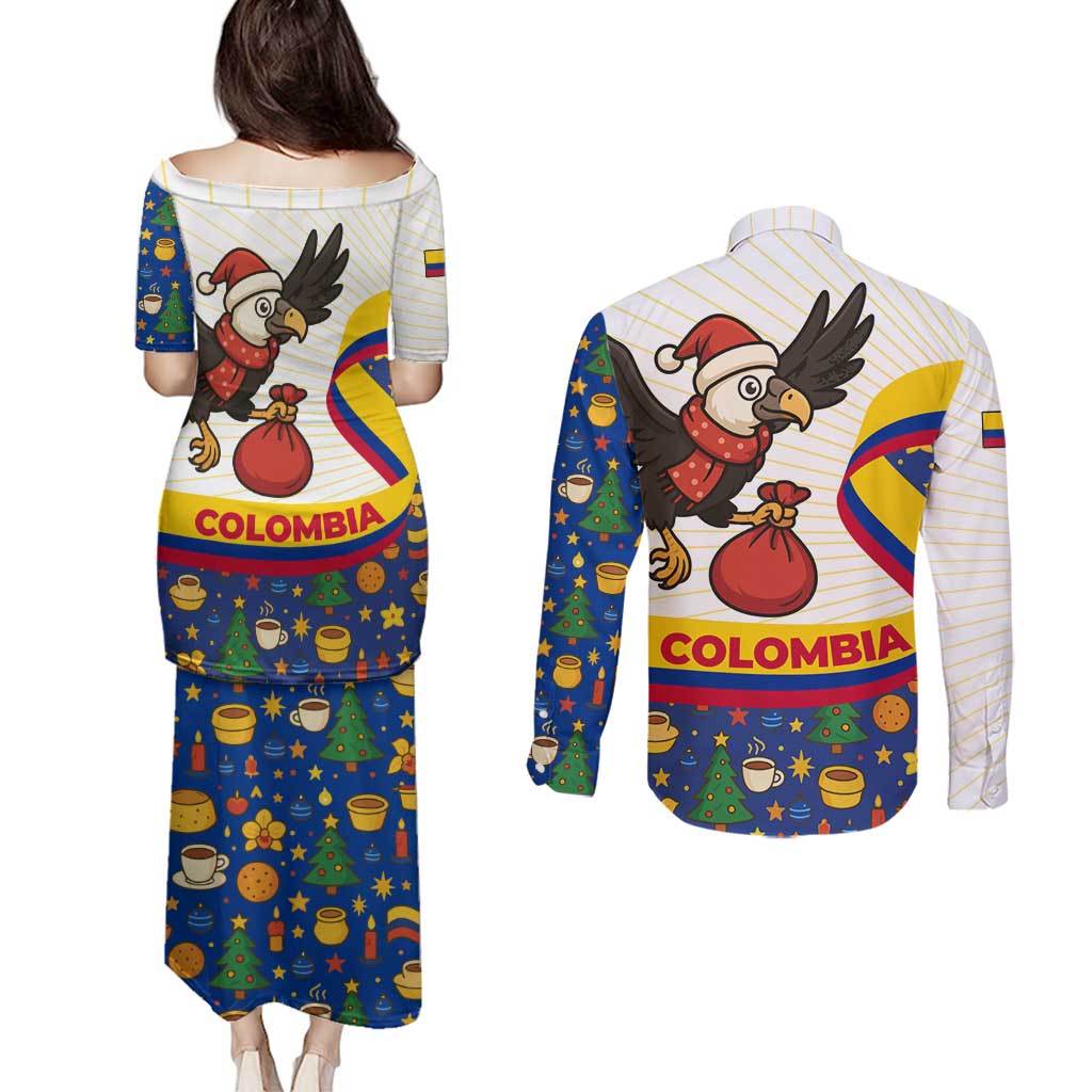 Colombia Christmas Couples Matching Puletasi and Long Sleeve Button Shirt with Santa Condor Gift Bag and Holiday Food Pattern - Wonder Print Shop