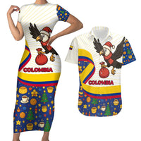 Colombia Christmas Couples Matching Short Sleeve Bodycon Dress and Hawaiian Shirt with Santa Condor Gift Bag and Holiday Food Pattern - Wonder Print Shop