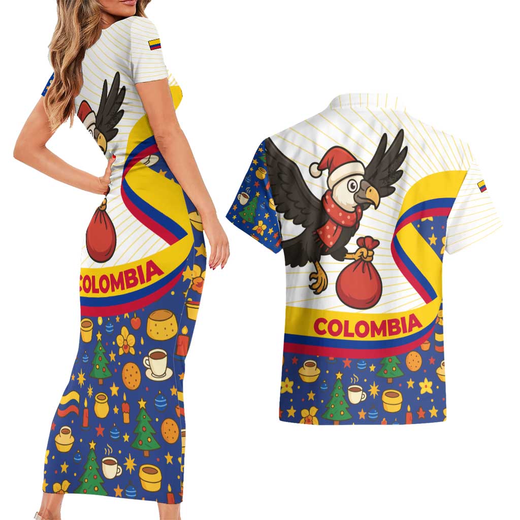 Colombia Christmas Couples Matching Short Sleeve Bodycon Dress and Hawaiian Shirt with Santa Condor Gift Bag and Holiday Food Pattern - Wonder Print Shop