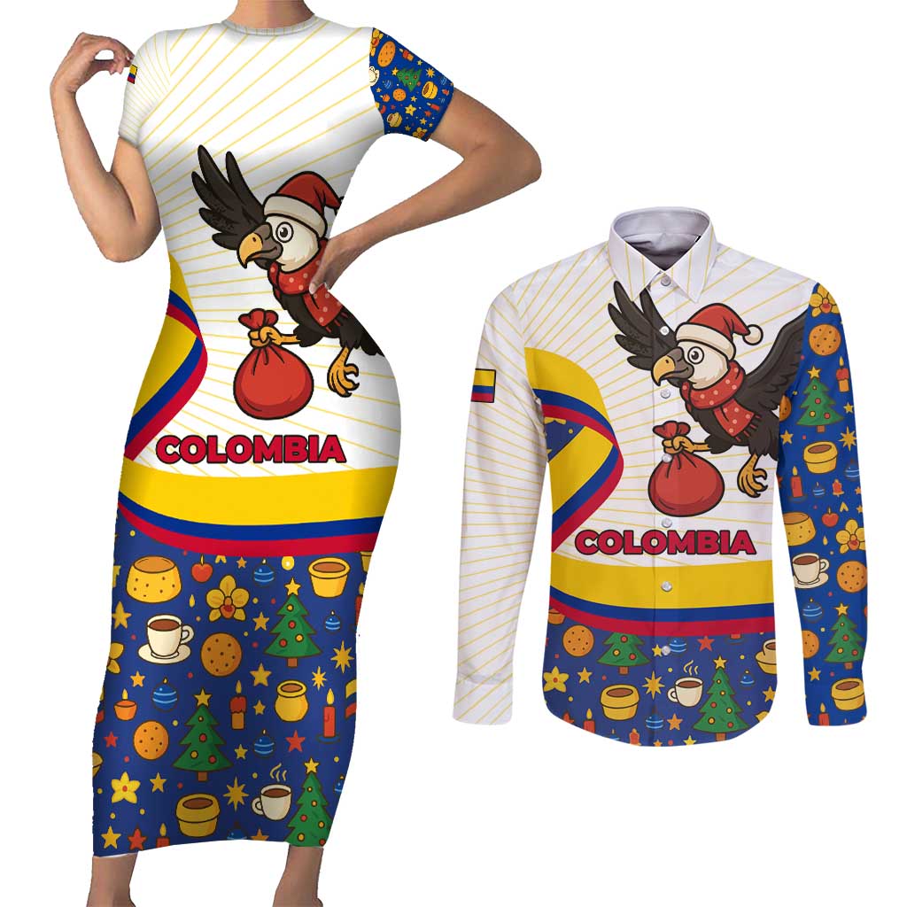 Colombia Christmas Couples Matching Short Sleeve Bodycon Dress and Long Sleeve Button Shirt with Santa Condor Gift Bag and Holiday Food Pattern - Wonder Print Shop