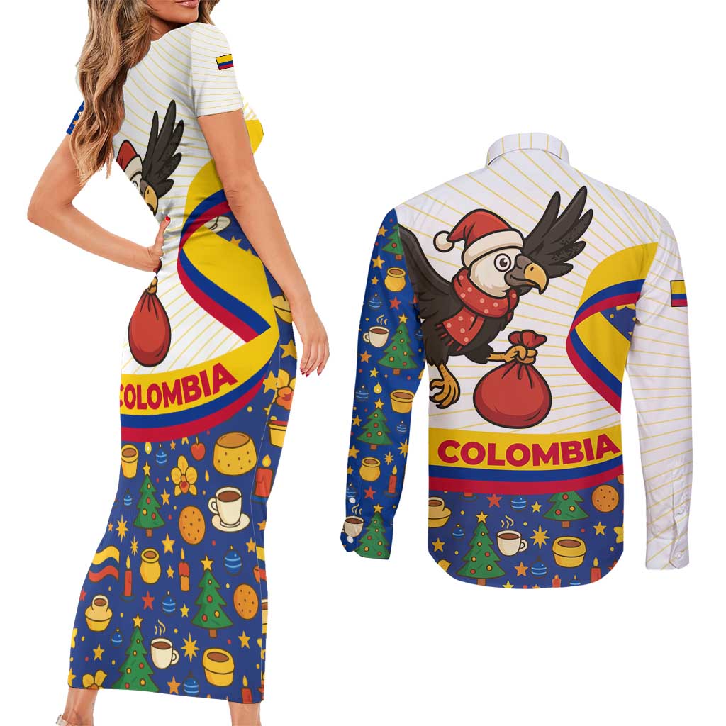 Colombia Christmas Couples Matching Short Sleeve Bodycon Dress and Long Sleeve Button Shirt with Santa Condor Gift Bag and Holiday Food Pattern - Wonder Print Shop