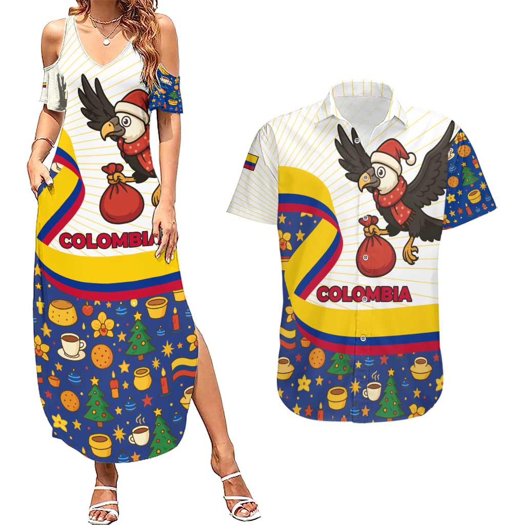 Colombia Christmas Couples Matching Summer Maxi Dress and Hawaiian Shirt with Santa Condor Gift Bag and Holiday Food Pattern - Wonder Print Shop