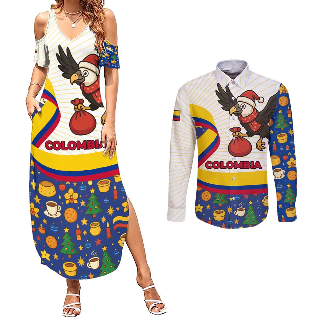 Colombia Christmas Couples Matching Summer Maxi Dress and Long Sleeve Button Shirt with Santa Condor Gift Bag and Holiday Food Pattern - Wonder Print Shop