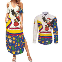Colombia Christmas Couples Matching Summer Maxi Dress and Long Sleeve Button Shirt with Santa Condor Gift Bag and Holiday Food Pattern - Wonder Print Shop
