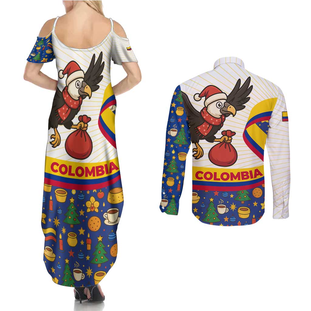 Colombia Christmas Couples Matching Summer Maxi Dress and Long Sleeve Button Shirt with Santa Condor Gift Bag and Holiday Food Pattern - Wonder Print Shop