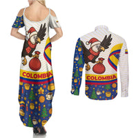 Colombia Christmas Couples Matching Summer Maxi Dress and Long Sleeve Button Shirt with Santa Condor Gift Bag and Holiday Food Pattern - Wonder Print Shop