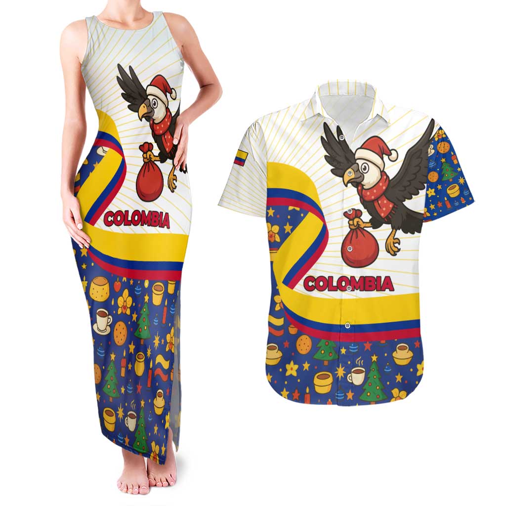 Colombia Christmas Couples Matching Tank Maxi Dress and Hawaiian Shirt with Santa Condor Gift Bag and Holiday Food Pattern - Wonder Print Shop