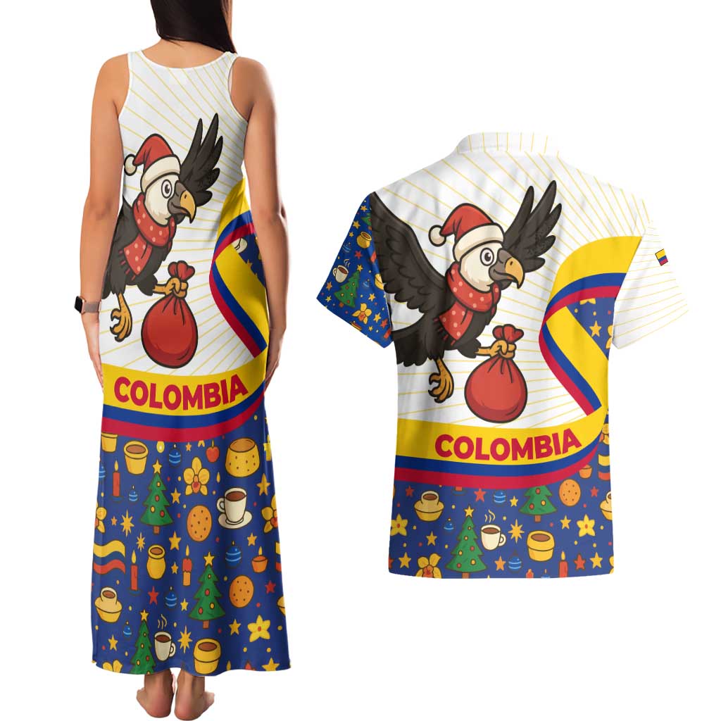 Colombia Christmas Couples Matching Tank Maxi Dress and Hawaiian Shirt with Santa Condor Gift Bag and Holiday Food Pattern - Wonder Print Shop