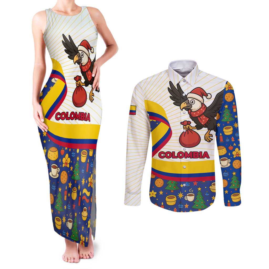 Colombia Christmas Couples Matching Tank Maxi Dress and Long Sleeve Button Shirt with Santa Condor Gift Bag and Holiday Food Pattern - Wonder Print Shop