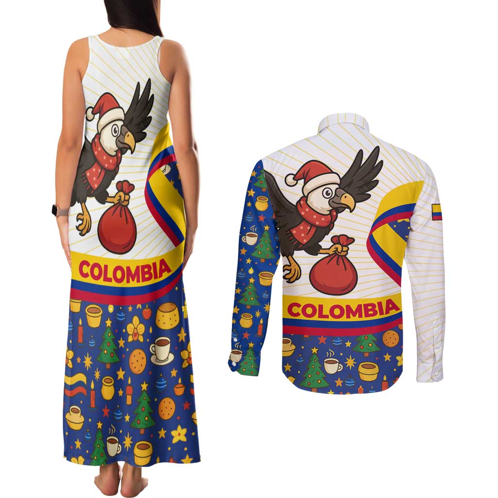 Colombia Christmas Couples Matching Tank Maxi Dress and Long Sleeve Button Shirt with Santa Condor Gift Bag and Holiday Food Pattern - Wonder Print Shop