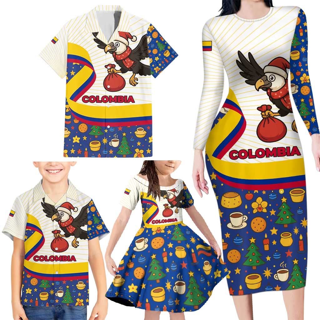 Colombia Christmas Family Matching Long Sleeve Bodycon Dress and Hawaiian Shirt with Santa Condor Gift Bag and Holiday Food Pattern - Wonder Print Shop