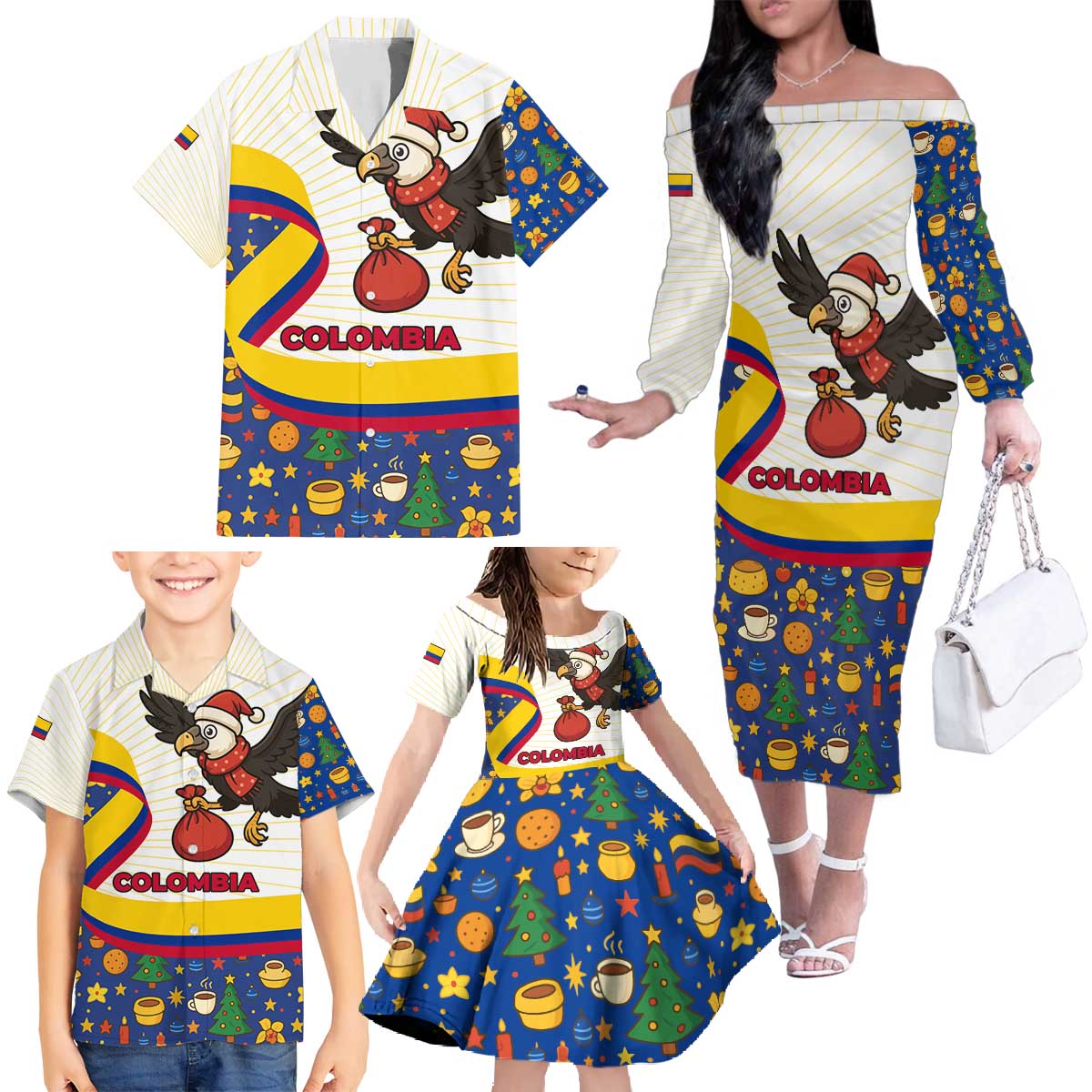 Colombia Christmas Family Matching Off The Shoulder Long Sleeve Dress and Hawaiian Shirt with Santa Condor Gift Bag and Holiday Food Pattern - Wonder Print Shop
