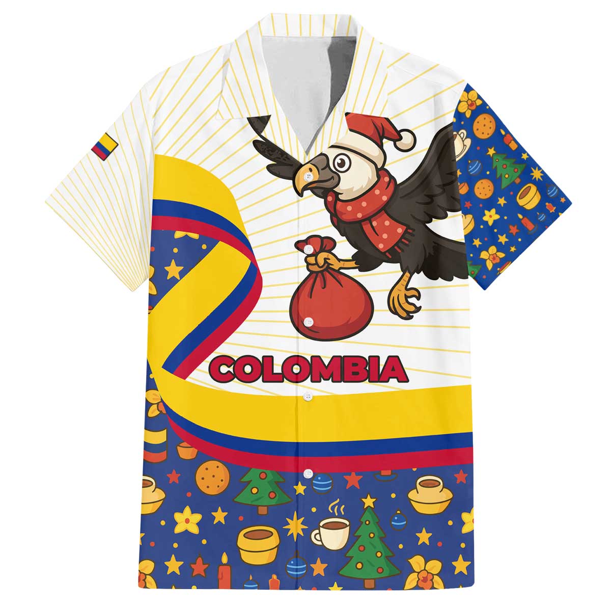 Colombia Christmas Family Matching Off The Shoulder Long Sleeve Dress and Hawaiian Shirt with Santa Condor Gift Bag and Holiday Food Pattern - Wonder Print Shop