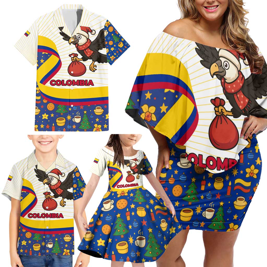 Colombia Christmas Family Matching Off Shoulder Short Dress and Hawaiian Shirt with Santa Condor Gift Bag and Holiday Food Pattern - Wonder Print Shop