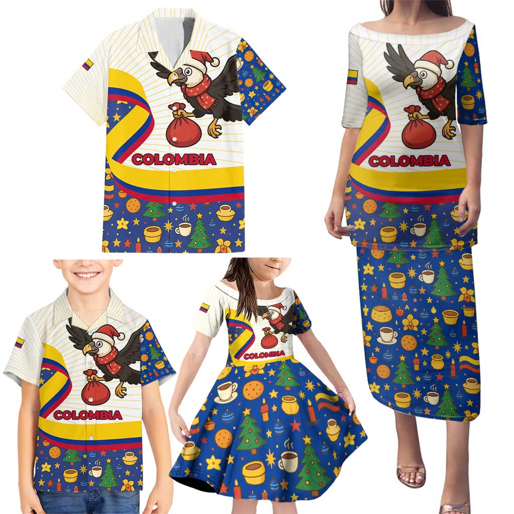 Colombia Christmas Family Matching Puletasi and Hawaiian Shirt with Santa Condor Gift Bag and Holiday Food Pattern - Wonder Print Shop