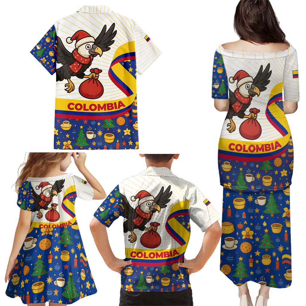 Colombia Christmas Family Matching Puletasi and Hawaiian Shirt with Santa Condor Gift Bag and Holiday Food Pattern - Wonder Print Shop