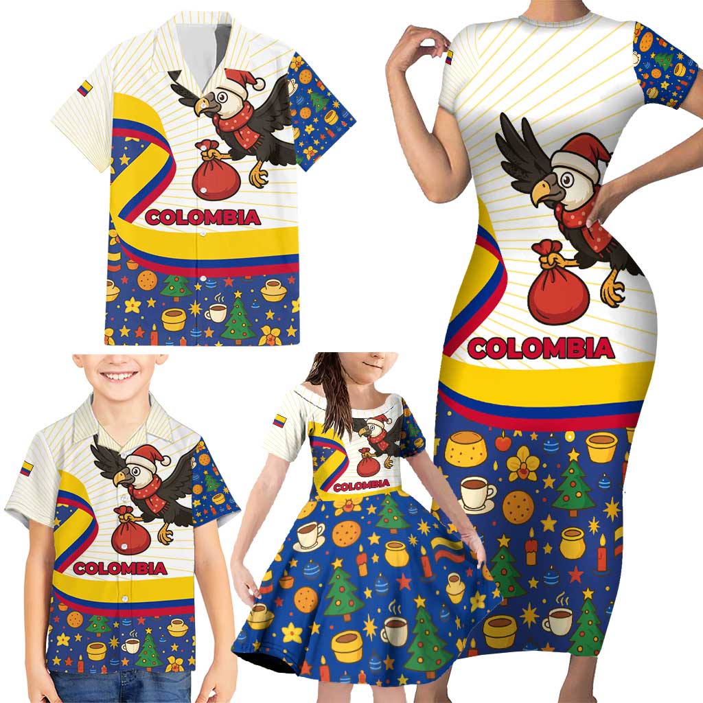 Colombia Christmas Family Matching Short Sleeve Bodycon Dress and Hawaiian Shirt with Santa Condor Gift Bag and Holiday Food Pattern - Wonder Print Shop