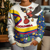 Colombia Christmas Kid Ugly Christmas Sweater with Santa Condor Gift Bag and Holiday Food Pattern - Wonder Print Shop