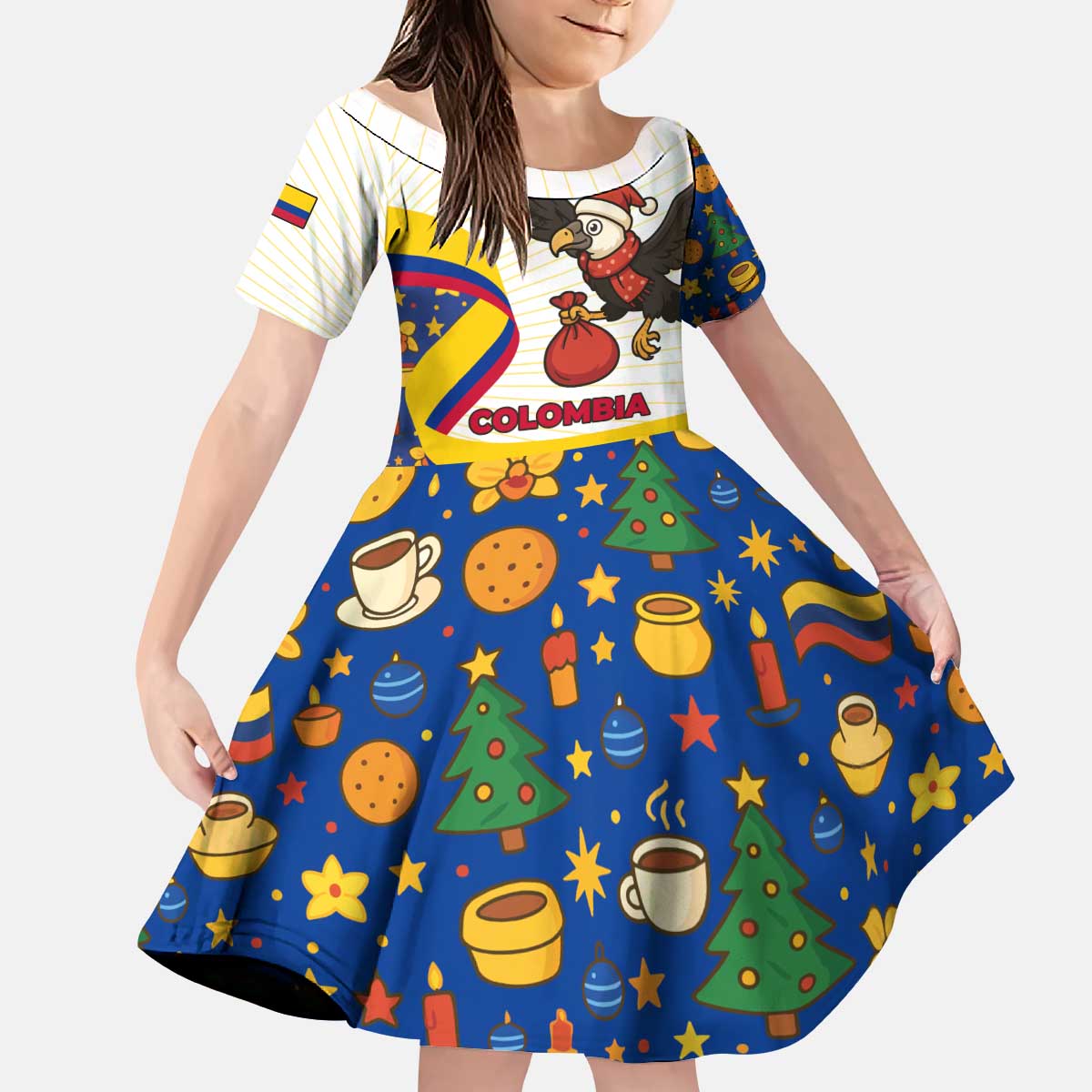 Colombia Christmas Kid Short Sleeve Dress with Santa Condor Gift Bag and Holiday Food Pattern - Wonder Print Shop