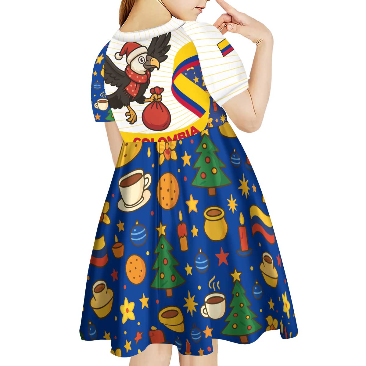 Colombia Christmas Kid Short Sleeve Dress with Santa Condor Gift Bag and Holiday Food Pattern - Wonder Print Shop