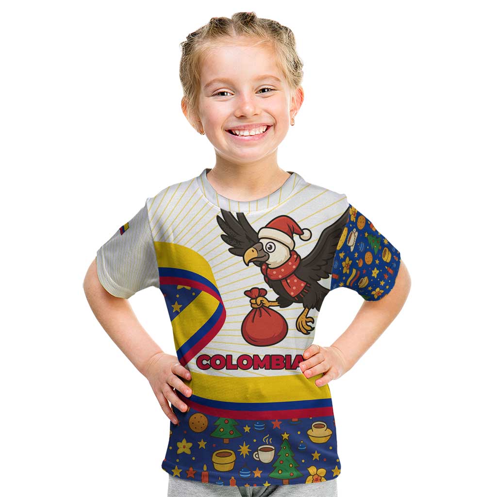 Colombia Christmas Kid T Shirt with Santa Condor Gift Bag and Holiday Food Pattern - Wonder Print Shop