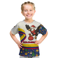 Colombia Christmas Kid T Shirt with Santa Condor Gift Bag and Holiday Food Pattern - Wonder Print Shop